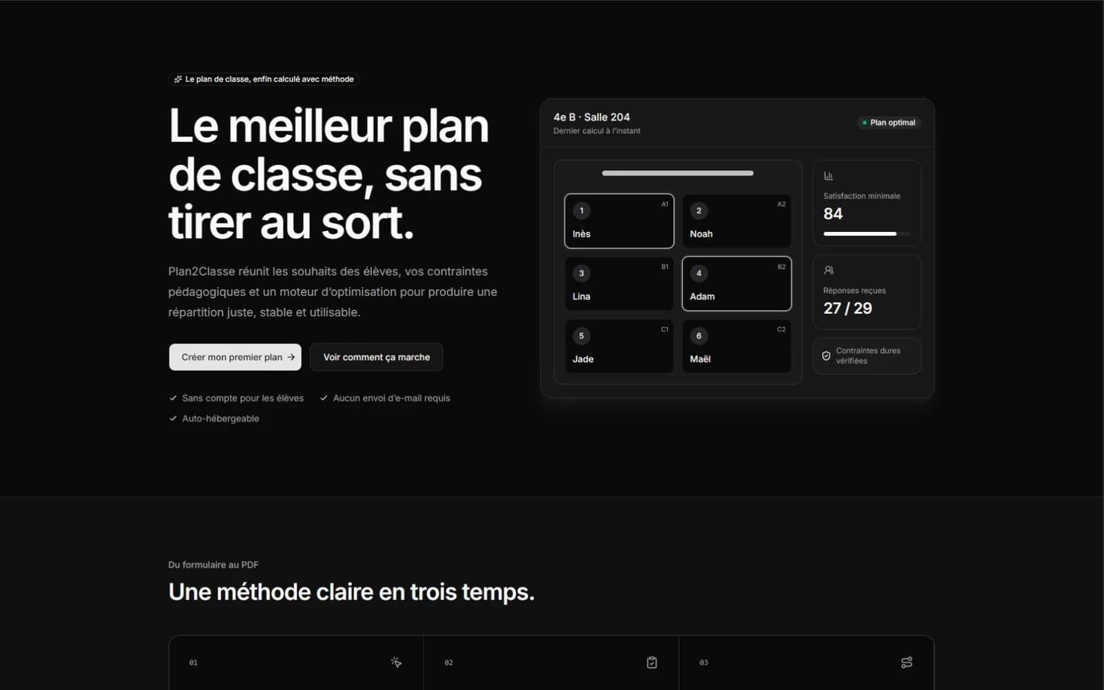 Landing de Plan2Classe présentant un exemple fictif de plan optimisé